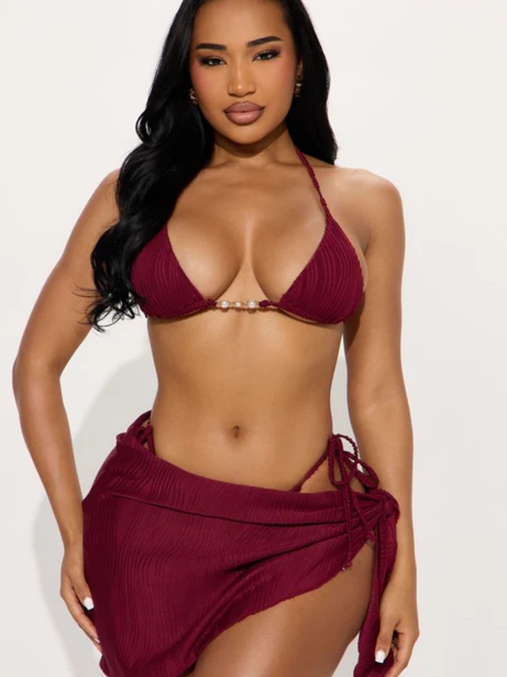 Fashion nova Ribbed Triangle Bikini Top and Sarong Set - Burgundy